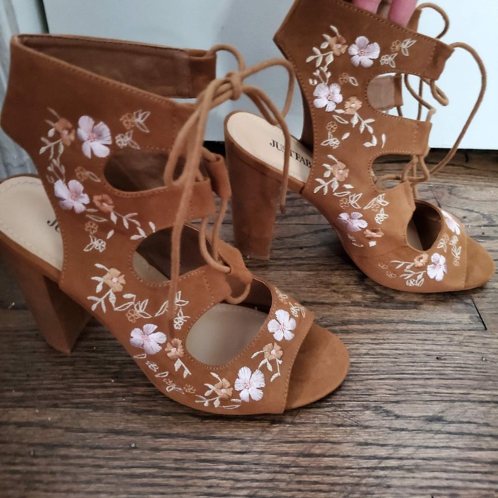 Tan Floral Lace up Sandals (never worn)